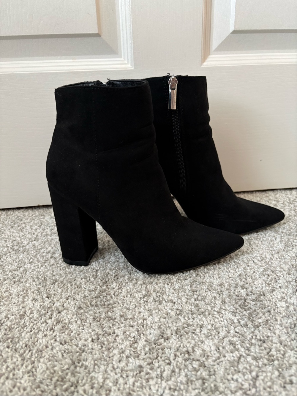 JustFab Black Suede Pointed Toe Block Heel Ankle Boots